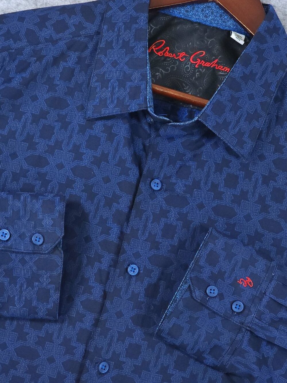 Robert Graham Mens Shirt 3XL Navy Blue Geometric Jacquard Flip Cuff Tailored